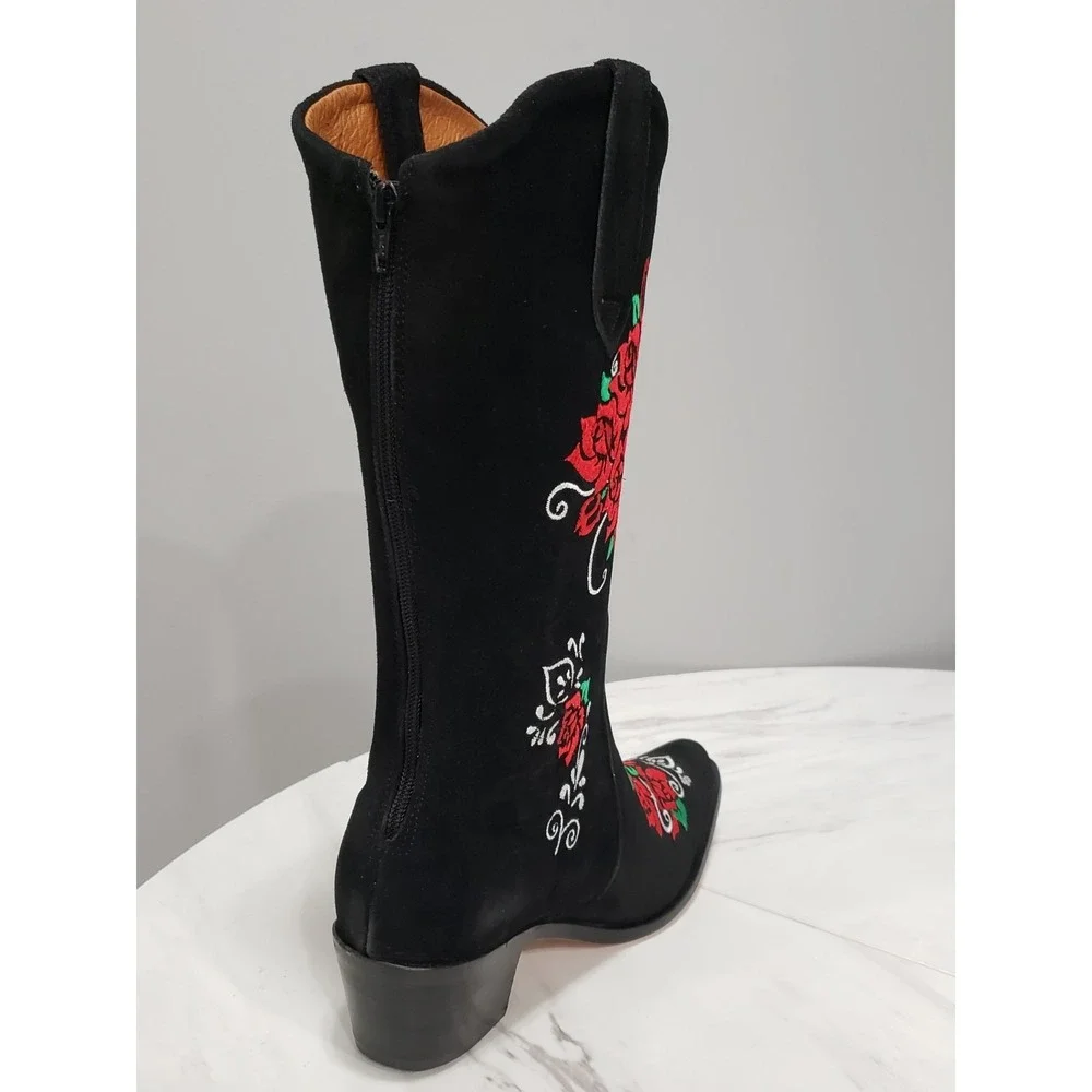 Agave Sky Suede Western Boots Calavera Cowboy Skull Roses Day of The Dead Witchy
